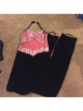 jumpsuit w/ pink top and velvet pants